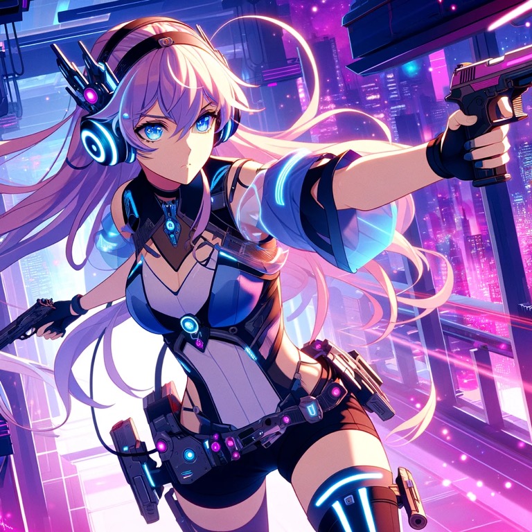 未来都市のネオンが輝く背景に、戦闘態勢を取るセリア。ハイテク装備を身にまとい、銃を構えるその姿は緊張感に満ちている。