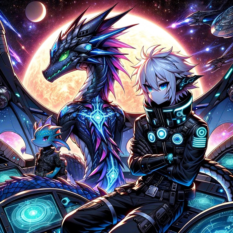 ドラゴンのゼノス司令官と、その部下であるレプティリアンのアレックス、小型ドラゴンクリーチャーのスパークが偵察機内で座っている。背景には惑星アルティシアと宇宙空間が広がっている