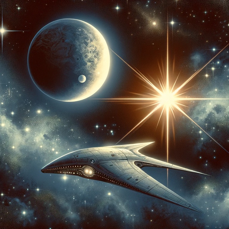 宇宙空間に浮かぶ未知の宇宙船と背後に輝く星、遠くに見える惑星と月