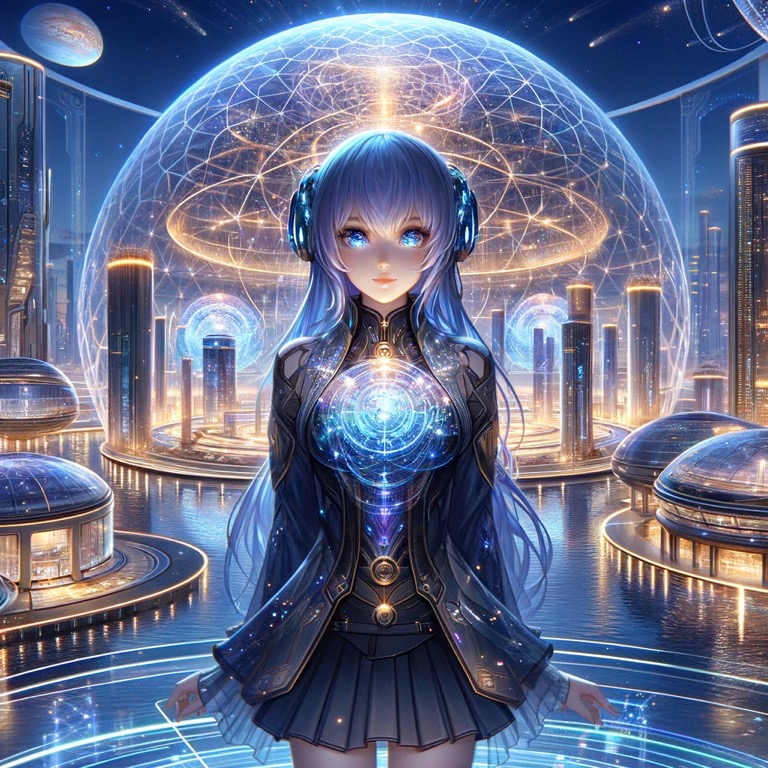 未来的な都市を背景に立つエリアナ。彼女の胸部には輝くホログラフィックの球体があり、セレスティアル・シティの先進的な科学技術を象徴している。