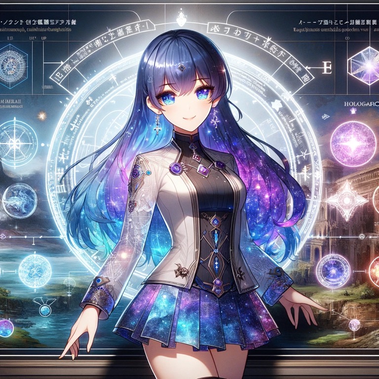 未来的な背景の前に立つ青い髪の女性。星や宇宙を象徴する模様が描かれた衣装を身にまとい、知的かつ神秘的な雰囲気を漂わせている。