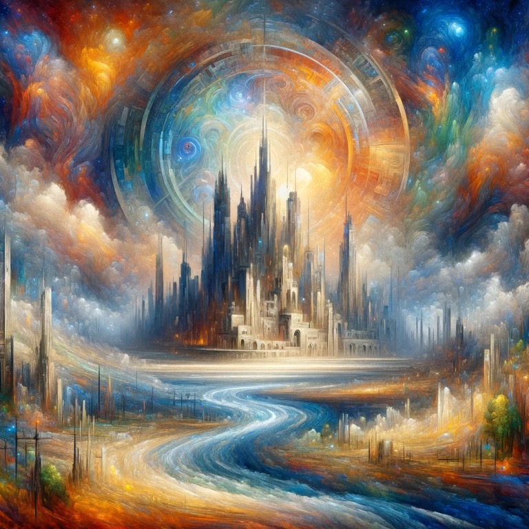 幻想的な色彩に包まれた壮大な未来都市。空を彩るオレンジと青の渦巻きが、都市を囲むように広がり、中心には高層建築がそびえ立つ。