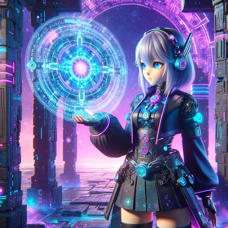 未来的な装甲を身にまとった少女が、紫と青の輝きを放つホログラフィック装置を操作している。背景には古代遺跡風の建物が並び、幻想的な空間が広がる。