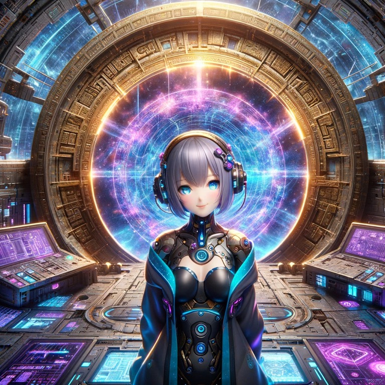 未来的な装置と星間ポータルを背景にした、ヘッドセットを装着した女性アニメキャラクター、ネオ・ソフィア