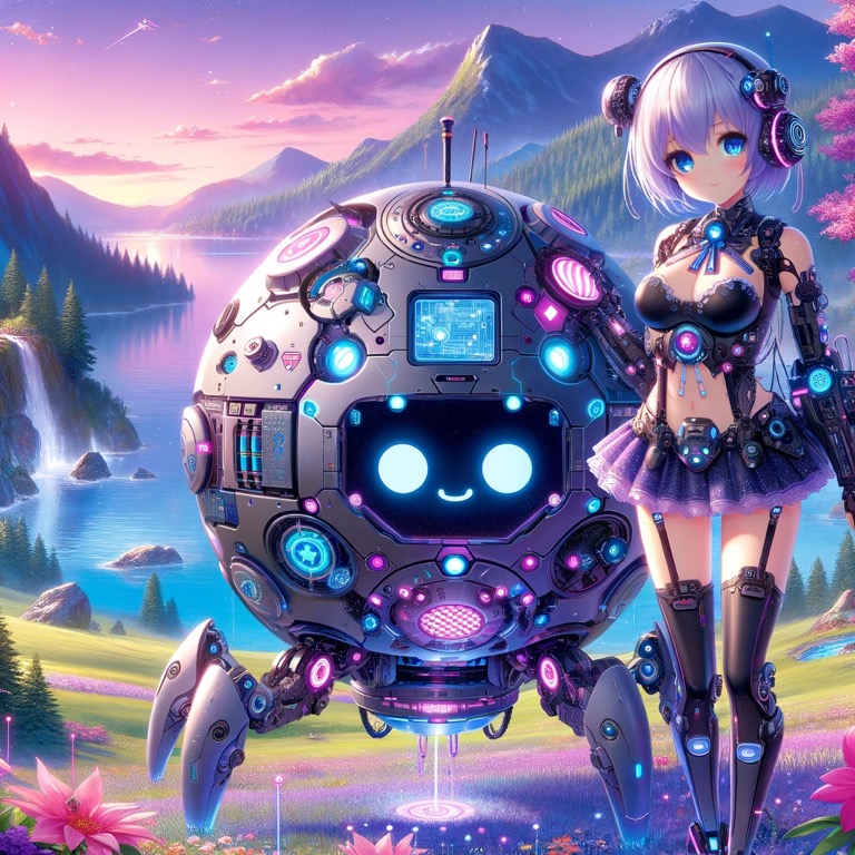 未来的なデザインの少女とロボットが、緑豊かな惑星ヴェリディアの美しい自然の中に佇んでいる。