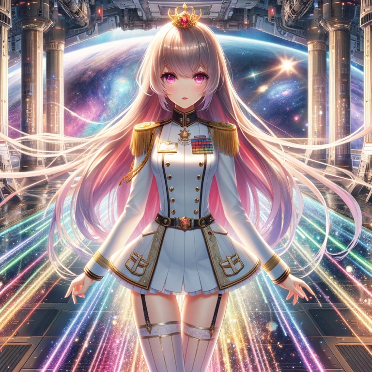 アンドロメダ銀河団統治者エレノアが、超光速航行が可能なトリックスター・インフィニティ号に乗り込む。彼女の背後には銀河が広がり、光の軌跡が輝いている。