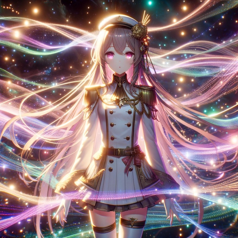 宇宙空間に漂う光の流れに包まれた女性指揮官。金色と白の軍服を纏い、神秘的なオーラを放つ。彼女の背後には、まるで宇宙のエネルギーそのものが具現化したかのような輝く光の帯が広がる。