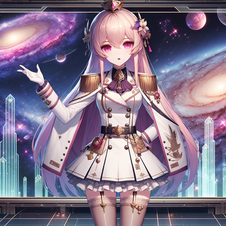 宇宙背景の壮麗な銀河を背に、白い軍服をまとった女性キャラクターが優雅に手を差し伸べている。