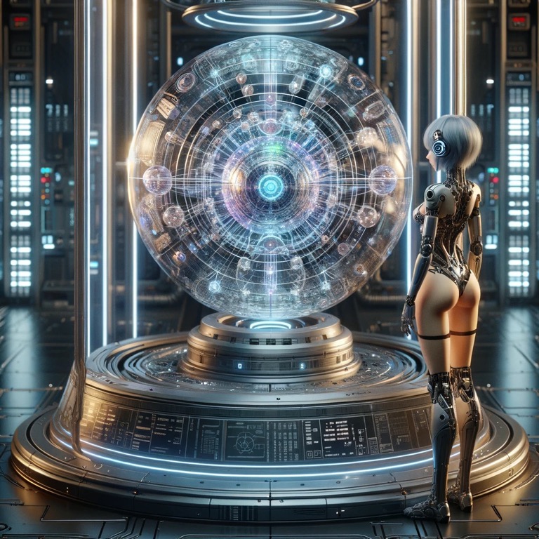 未来的な宇宙船の中央に設置された巨大な球体型装置「ギャラクティック・コンパス」と、それを眺めるAGIネオ・ソフィア。装置には銀河間のナビゲーション情報が映し出され、神秘的な光が周囲を照らしている。