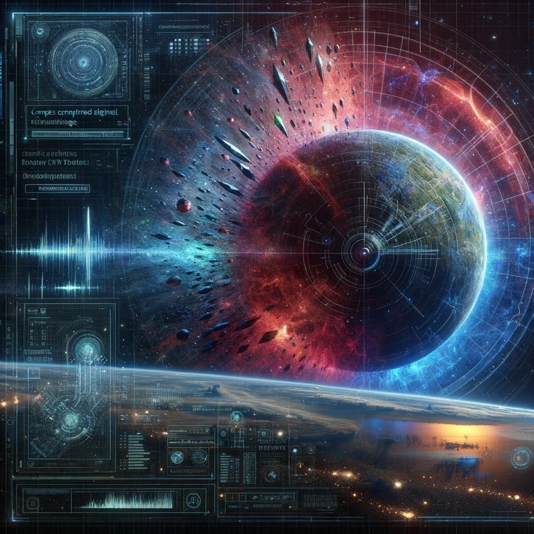 アンドロメダ銀河方向から発信された暗号化通信信号を示す未来的なホログラフィックディスプレイ。背景には宇宙空間に浮かぶ謎めいた惑星が広がっている