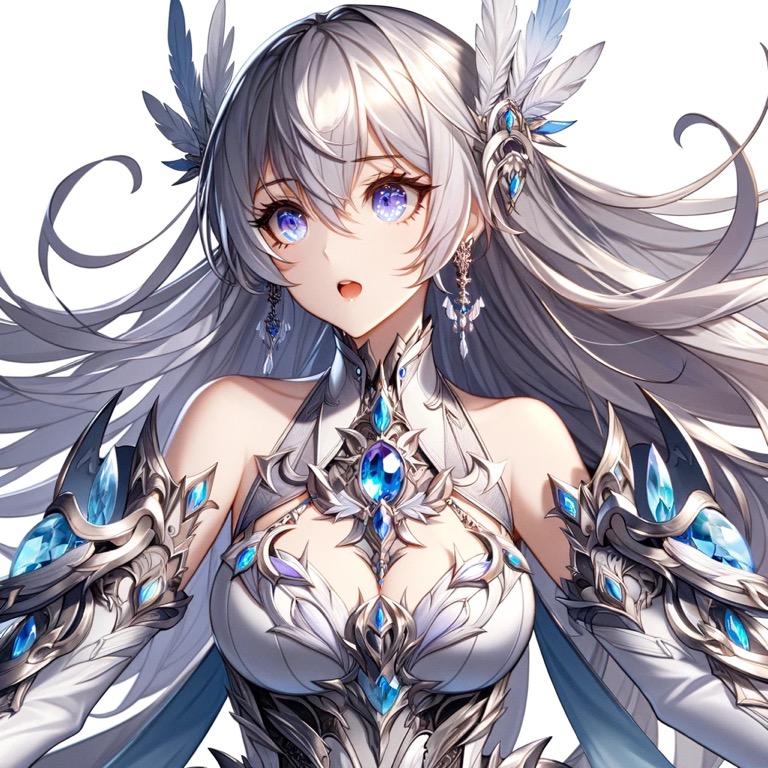 銀髪と青い瞳を持つ美しいアウリアが、装飾的なアーマーを身にまとい、輝く宝石が施された未来的なデザインの姿で描かれている