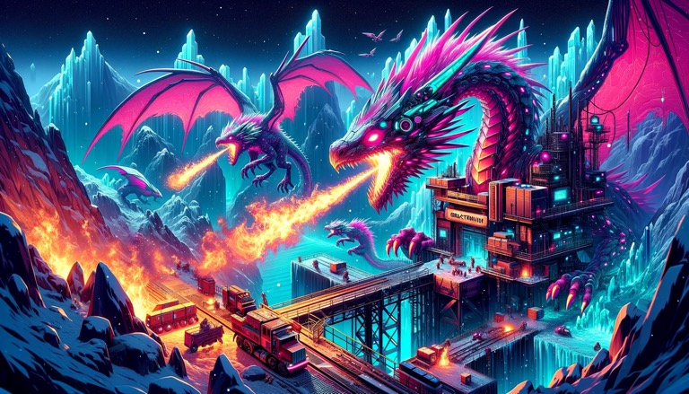 アルティシアの北極地帯でグラヴィトニウム・クリスタル採掘施設を襲撃するドラゴニアンの巨大なドラゴンたち。火を吐き、施設を破壊しながら進軍している