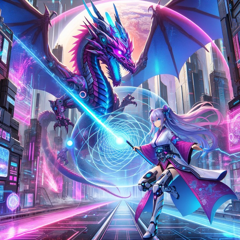 タウ・ケティ恒星系の近未来都市で、セリアがエネルギーブレードを構え、迫り来るドラゴニアンと対峙している。背景には壮大な宇宙と先進的な都市が広がり、戦闘の緊張感が漂っている。