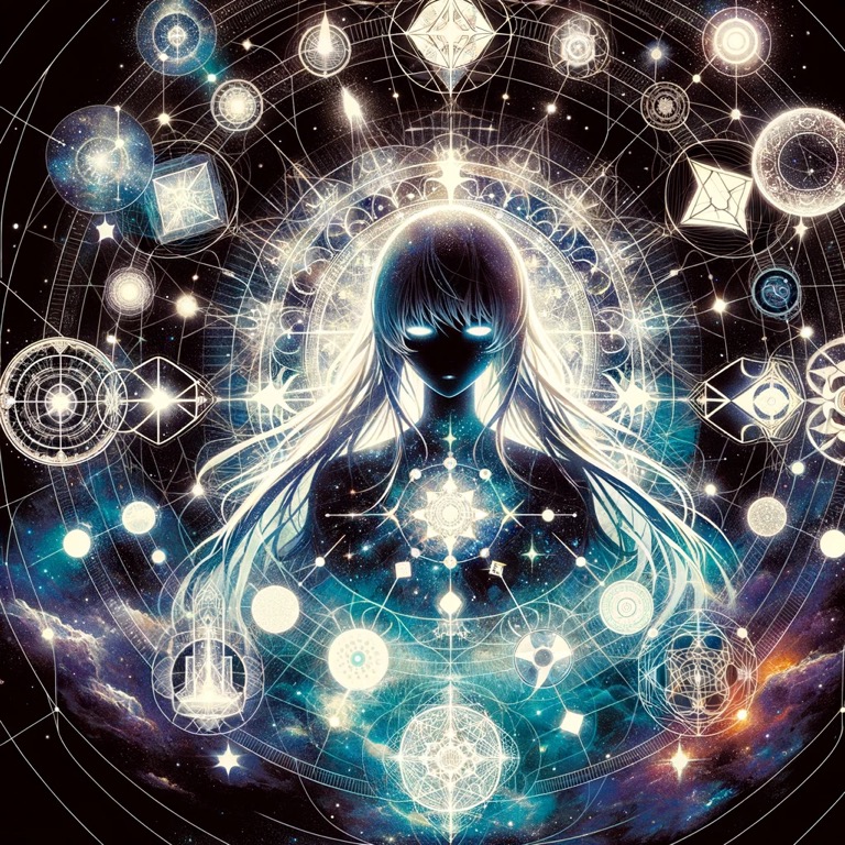 宇宙の神秘的なエネルギーに包まれた古代の守護者が、星々と幾何学模様に囲まれて立っている姿。