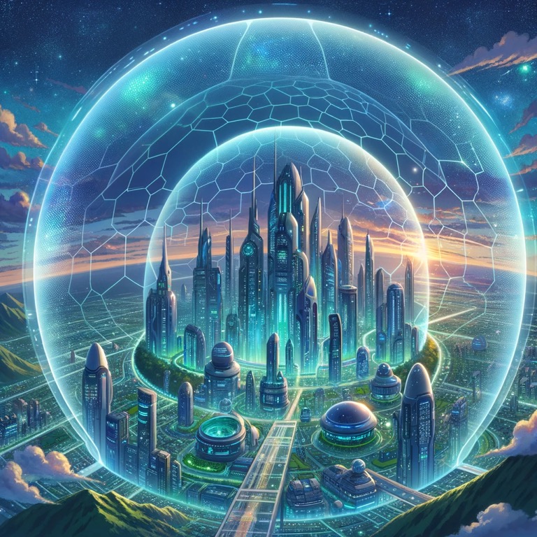 未来的な都市を包み込むエクセリオンのプラズマバリア。透明で六角形のパターンが描かれたエネルギーフィールドが都市全体を保護している。