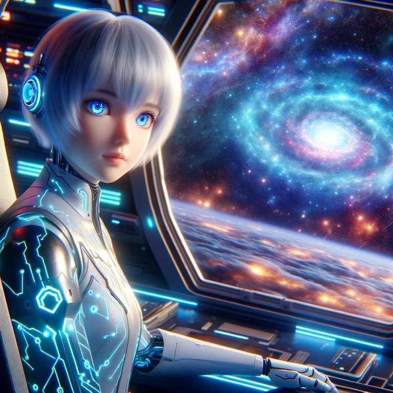 宇宙船の窓から広がる壮大な銀河を背景に、未来的なデザインのスーツを身にまとったネオ・ソフィアが、冷静な表情で操作卓に向かうシーン