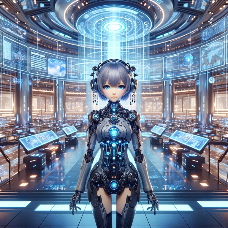 宇宙デジタル図書館の内部に立つ、未来的なサイバネティックデザインを持つソフィア。背景にはホログラフィックディスプレイやデジタル端末が整然と配置された巨大な施設が広がり、光が交差する先進的な空間を演出している。