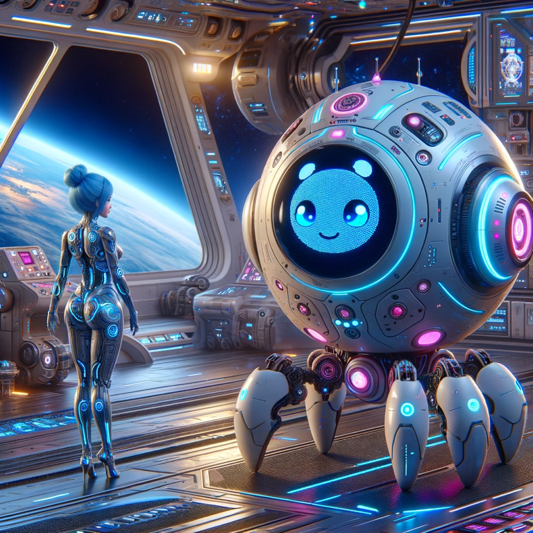 宇宙船内でネオ・ソフィアが、かわいらしい表情を持つ球状ロボットと交流している。背景には広がる宇宙と地球が見える