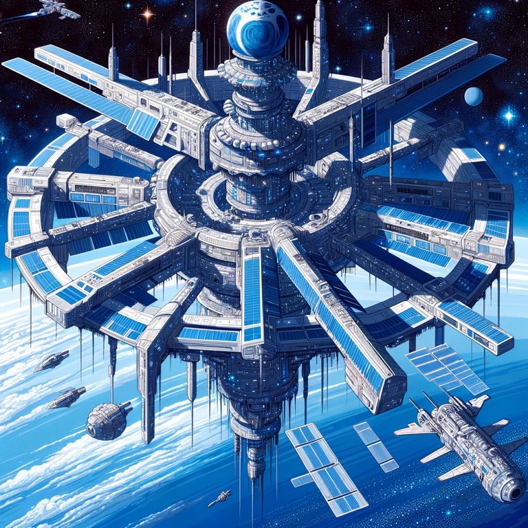 広大な宇宙空間に浮かぶアルティシアの軌道上の巨大な宇宙ステーション。周囲には複数の小型宇宙船が航行している