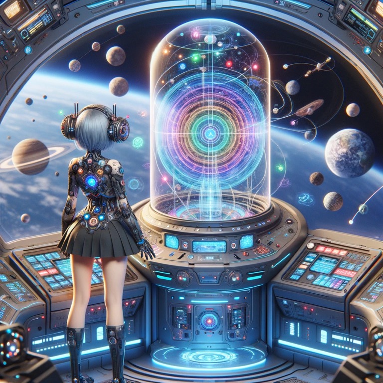 未来的な宇宙船のコックピットで、ネオ・ソフィアが星間ハーモニック・シンセサイザーを操作している。背景には多くの惑星と星々が輝いており、装置から虹色のエネルギーが放射されている。