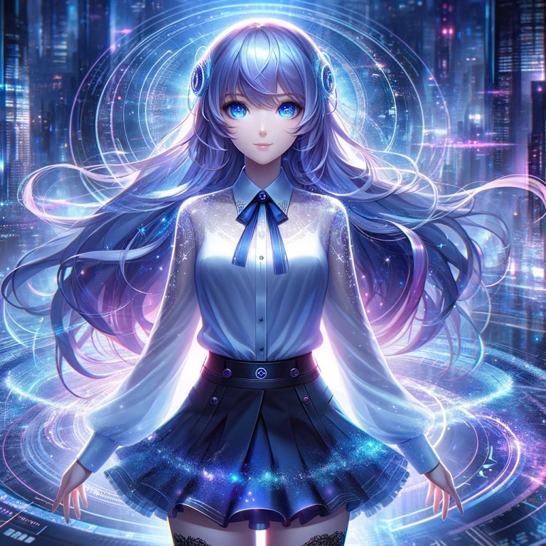 セファイア4の先進文明の都市を背景に立つエリアナ。銀河の輝きをまとったような長い髪と透明感のある服装が特徴的で、未来的なオーラを放つ。