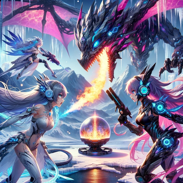 アルティシアの北極地帯で、インターステラー・ハーモニクスのメンバーと巨大なドラゴニアンが対峙。背景には凍りついた山々とエネルギーが輝く特殊デバイスが見える