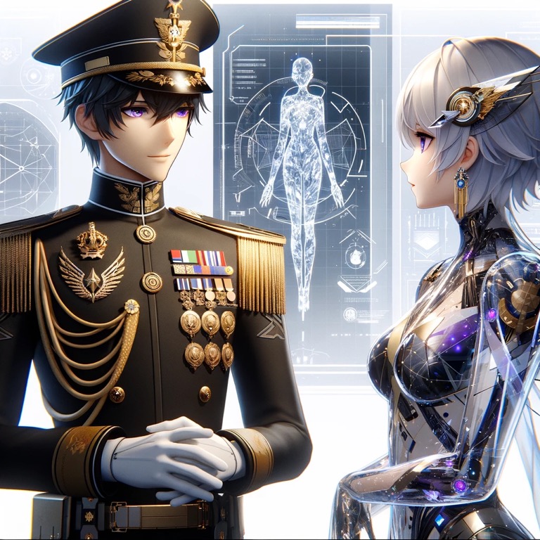 軍服をまとった司令官ジョンと、未来的な装甲を持つエリシウム・ノヴァが対話している場面。背景にはホログラフィックな人体図が表示されている