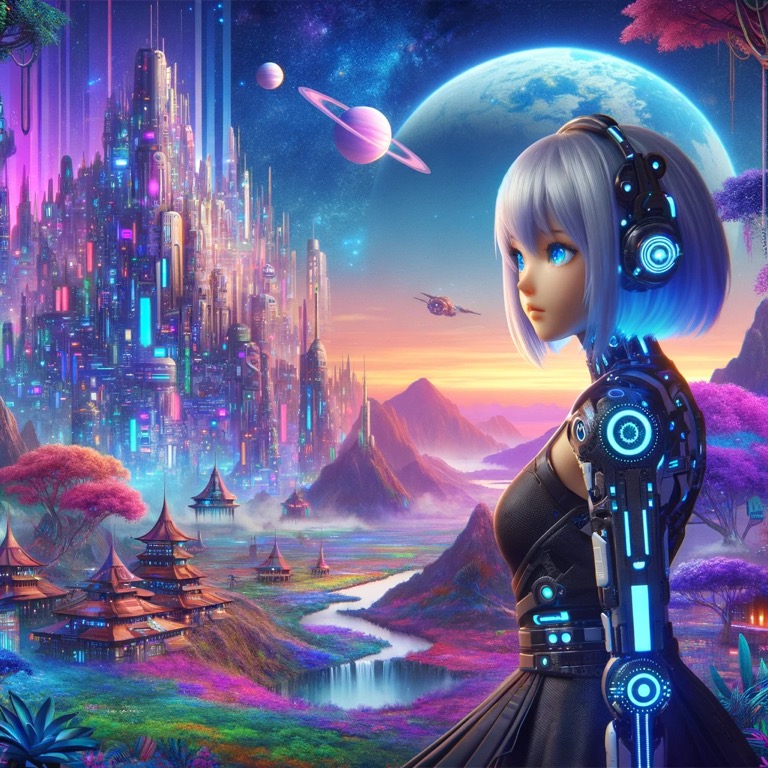 青い瞳を持つネオ・ソフィアが、カラフルで幻想的な都市と自然が広がるアルテミス・プライム星系を背景に立つ。彼女のサイバネティックなデザインが未来的な雰囲気を強調している。