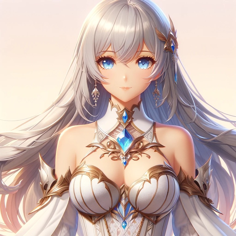 銀髪と青い瞳を持つアウリアが、精巧なデザインの鎧と輝く宝石をまとった姿で微笑みを浮かべている