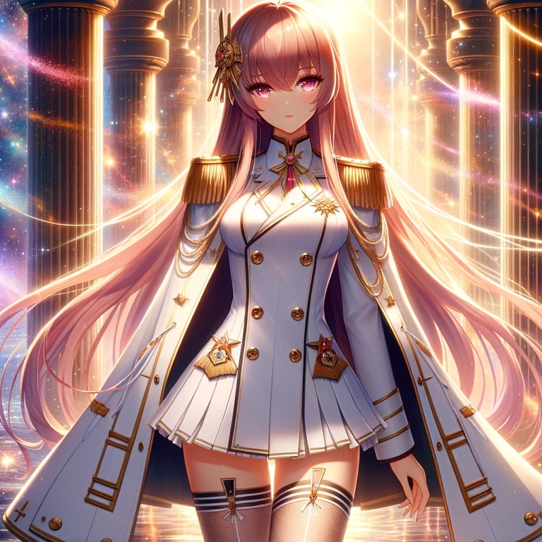 黄金の光に包まれた荘厳な空間に立つエレノア。白と金を基調とした軍服をまとい、堂々とした姿勢で未来を見つめている。