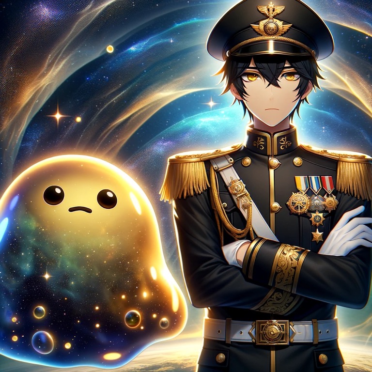 黒い軍服を着た若い男性と、黄金色に輝くスライム状の生命体が宇宙空間に浮かんでいる。背景にはワープゲートのような光の渦が広がっている。