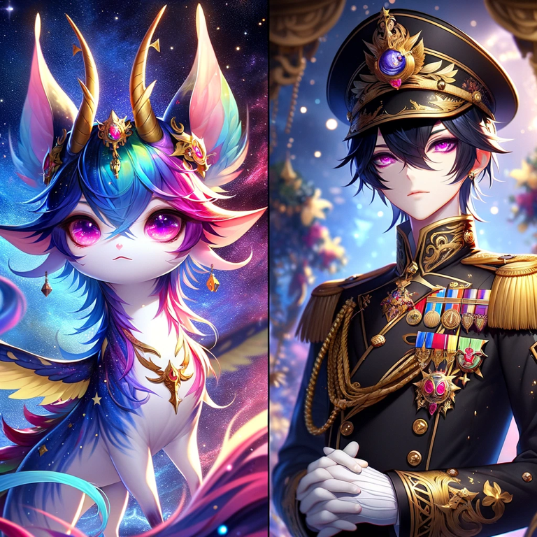 宇宙を舞う神秘的な麒麟の姿をしたゼファーライトと、格式高い軍服を纏う若き司令官が並ぶ幻想的なビジュアル。