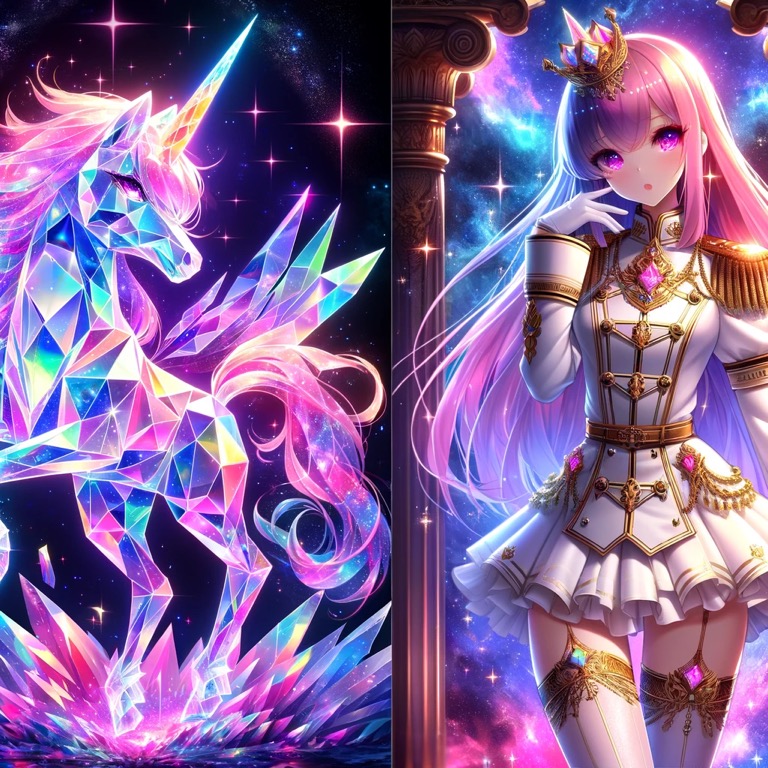 宇宙を舞台にした幻想的なシーン。左側にはクリスタルでできたユニコーンのような生命体が輝き、右側には白い軍服を纏ったエレノアが立っている。背景には星々が煌めき、壮麗な宇宙の雰囲気が広がる。