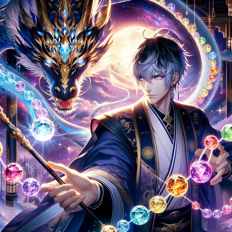 青い衣を纏った銀髪の男性が魔法の杖を操り、光り輝く宝珠を召喚している。背後には神秘的な青い龍が浮かび、幻想的な宇宙の風景が広がっている。