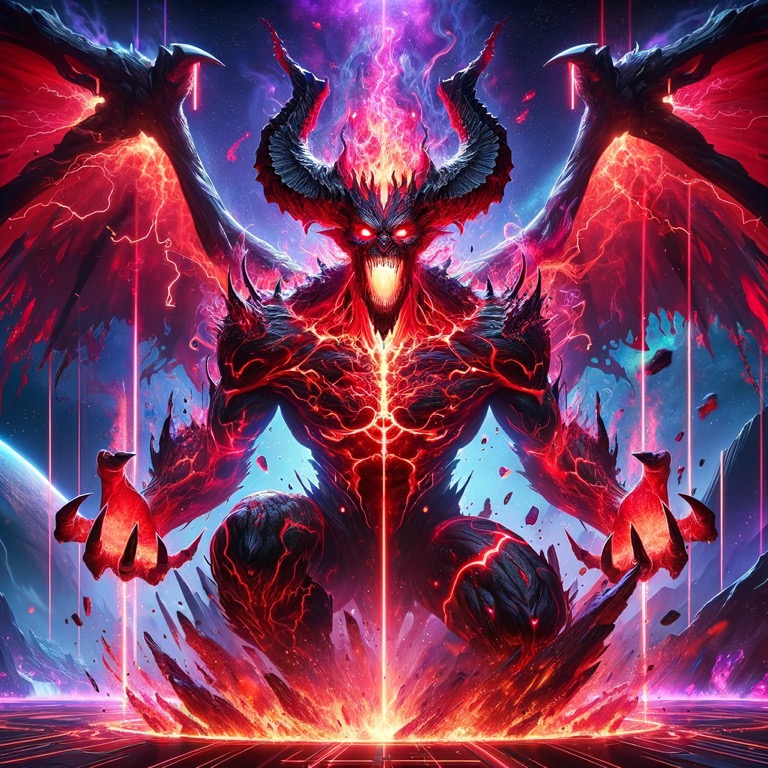 燃え盛る炎を纏い、宇宙の怒りを具現化した巨大な悪魔。鋭い角と翼を持ち、溶岩のような体が激しく光る。