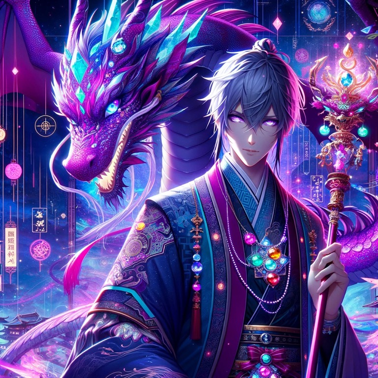 紫と青の幻想的なドラゴンとともに立つ神秘的な男性。彼は豪華な装飾が施された衣装をまとい、魔法の杖を手にしている。背景には、宇宙的なエネルギーが流れる神秘的な都市が広がっている。