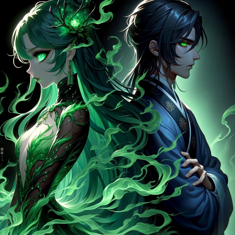 緑の妖艶なエネルギーを纏う女性と男性が背中合わせに立つ。女性は幻想的なドレスをまとい、緑色に輝く瞳を持つ。男性は長い黒髪をなびかせ、神秘的な雰囲気を醸し出している。二人の間には緑の炎のようなエネルギーが渦巻いている。