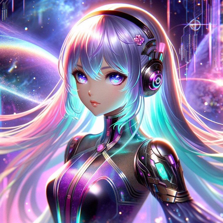 未来的なヘッドセットを装着した銀髪の少女が、宇宙を背景にたたずむ。サイバーパンク風のスーツを身にまとい、瞳には銀河が映り込んでいる。