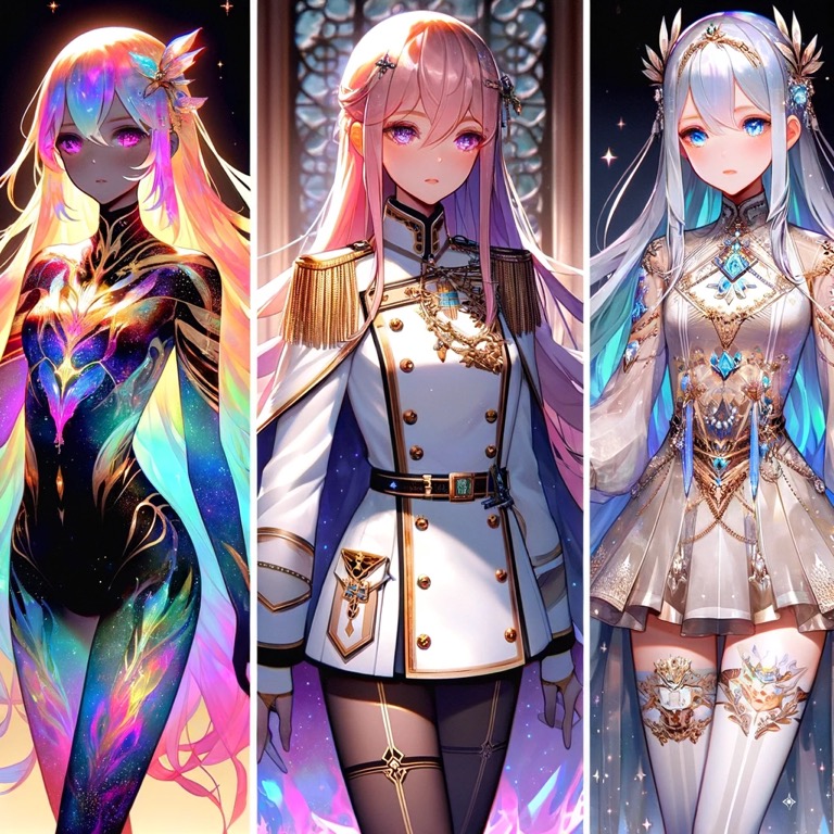 宇宙を舞台にしたSFアニメの登場キャラクター、3人の美しい女性戦士が並ぶ。左は神秘的なオーラを纏う光の存在、中央は白い軍服を着た指揮官、右は宝石のような装飾を施したドレス姿の貴族風キャラクター。
