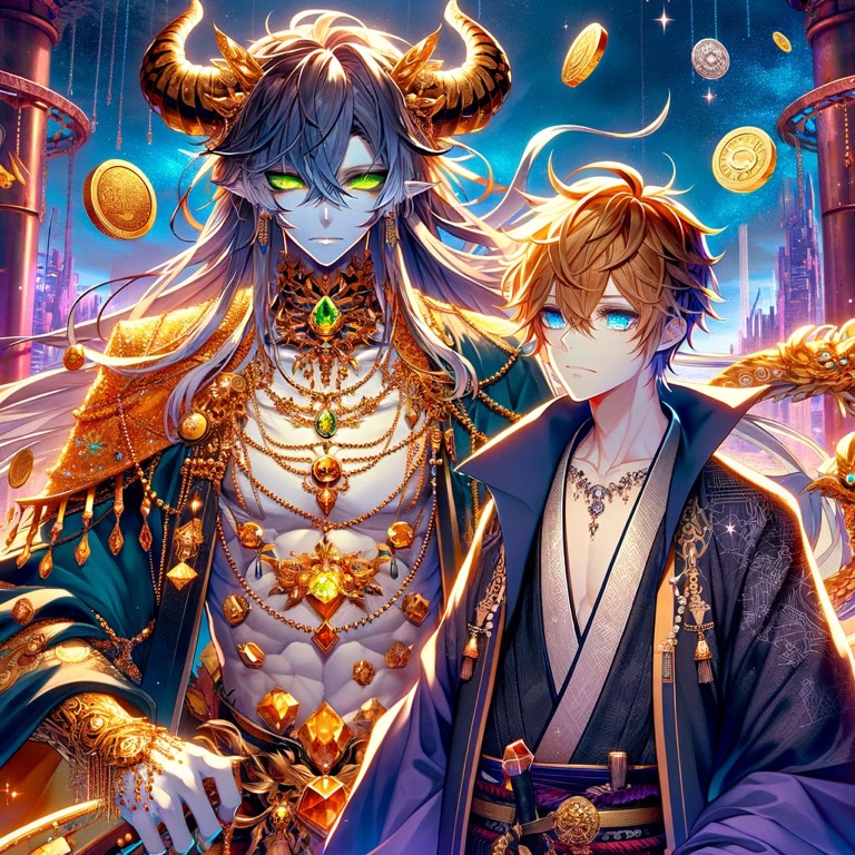 豪華な装飾を身に纏う悪魔のような存在と、神秘的な雰囲気を持つ若き戦士が並んで立っている。黄金の宝石やコインが宙を舞い、未来都市の幻想的な背景が広がる。