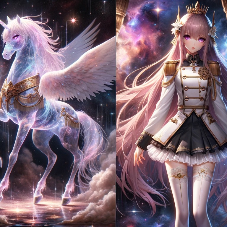 宇宙を舞台にした幻想的な光のユニコーンと、高貴な軍服を纏う美しい女性キャラクター。銀河の輝きが二人を包み込み、壮大な物語の一幕を描く。