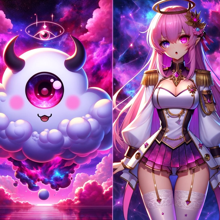 幻想的な宇宙を背景に、左側には雲のような体を持つ一つ目のアンブラが浮かび、右側には光輝くオーラをまとったエレノアが立っている。