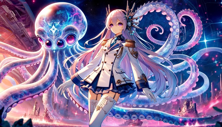 神秘的な深海の宮殿を背景に立つ女性と、巨大な知的なタコ型生命体。