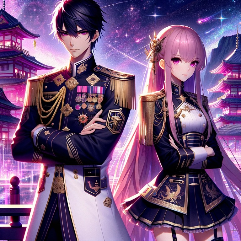 幻想的な和風未来都市を背景に、軍服をまとったエレノアとジョンが並び立つ。