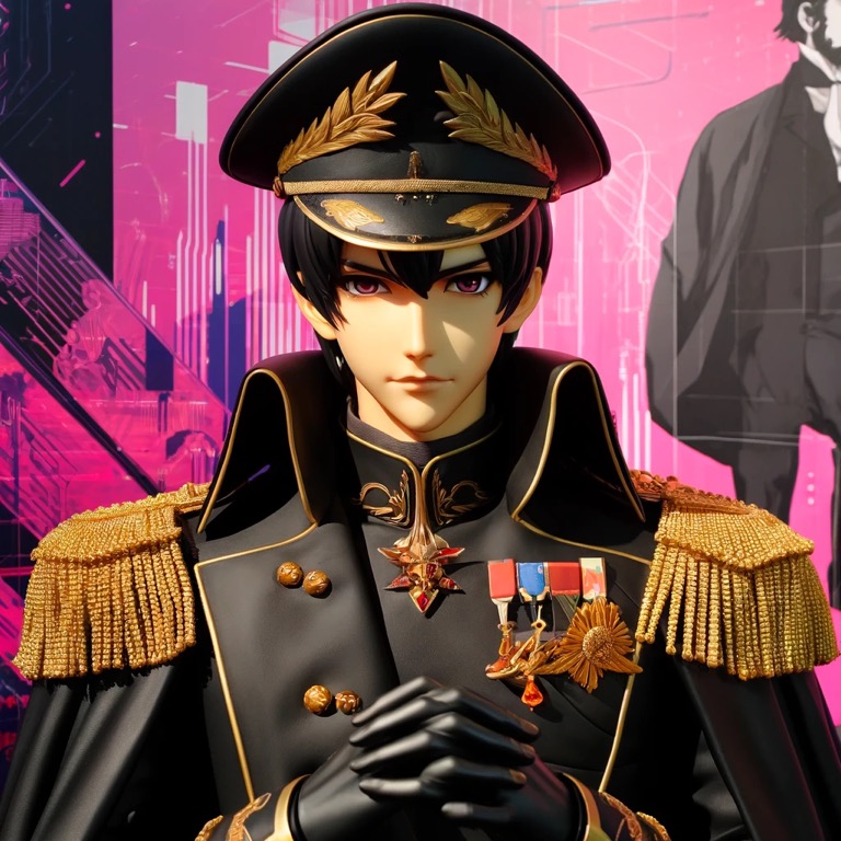 黒と金の軍服を着た若き指揮官が厳粛な表情で前を見つめる。背景にはサイバーパンク風の未来都市が広がる。