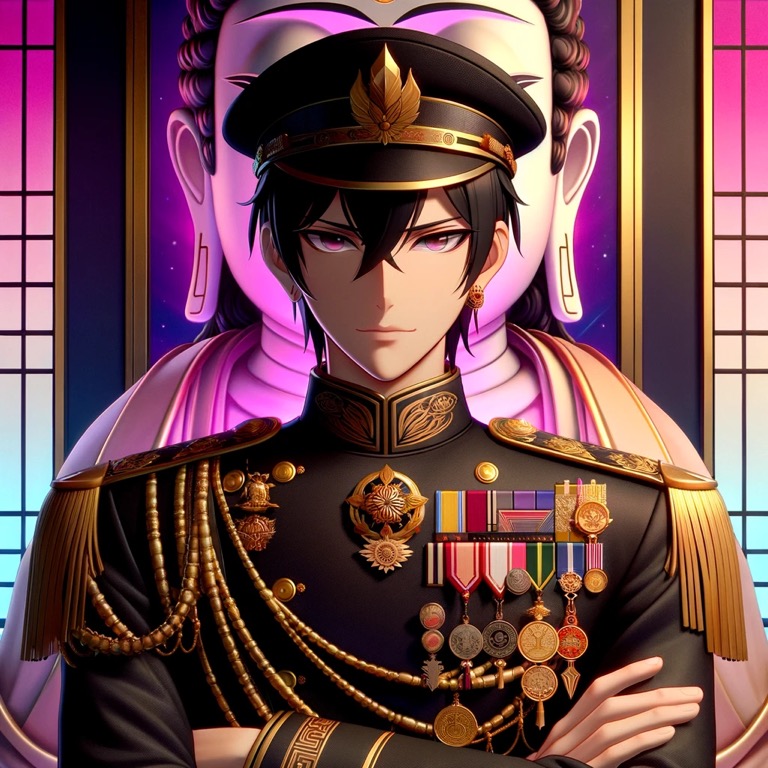 黒と金の軍服をまとった若き指揮官が腕を組み、威厳ある表情で前を見つめる。背後には神秘的な光に照らされた巨大な仏像が静かに佇む。