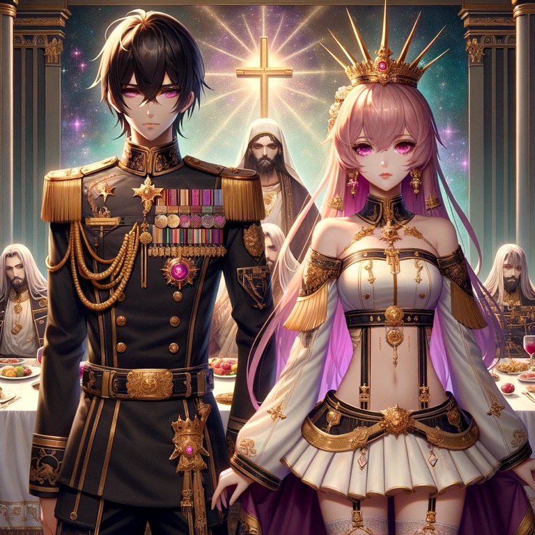 黒と金の軍服をまとった男性と、荘厳な王冠を戴く女性が並んで立つ。背後には長い食卓に座る貴族たちと、神秘的な光に照らされた十字架が浮かび上がっている。