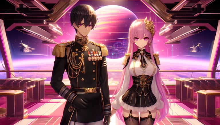 銀河を背景にした宇宙船のブリッジに立つ、黒と金の軍服を纏ったジョンと、白と黒のエレガントなドレスを着たピンクの髪のエレノア。彼らの背後には巨大な惑星と宇宙戦艦が浮かび、未来的な世界観を演出している。